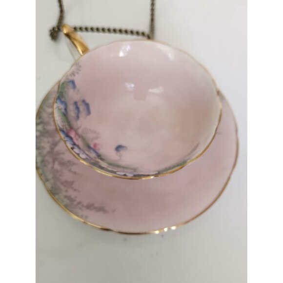 Paragon Tea Cup and Saucer Set Pink Floral Landscape with Birch Trees 1940's - Picture 9 of 14